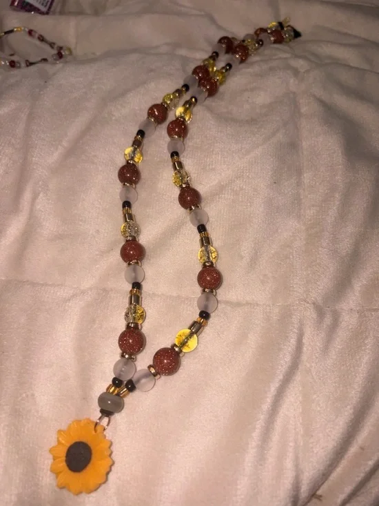 Sunflower Pendant Beaded Necklace - Yellow and Brown - Picture 3 of 4